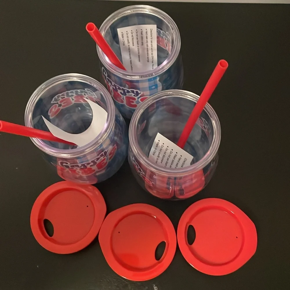 NWT 3- Happy Vibes Blue and Red Party tumbler Cups with straws